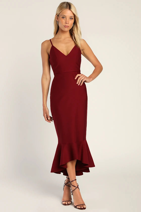 Stun Like Me Wine Red Bodycon Trumpet Hem Midi Dress