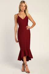 Stun Like Me Wine Red Bodycon Trumpet Hem Midi Dress