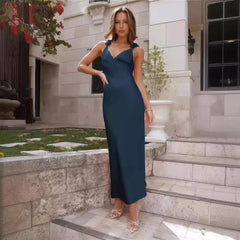 Elegant Satin Bow Backless Suspender Mini Dress