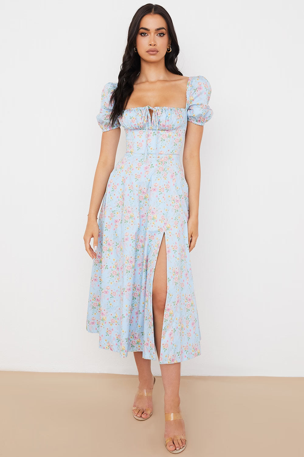 blue vintage floral puff sleeve midi dress