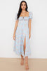blue vintage floral puff sleeve midi dress