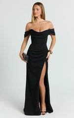 Off Shoulder Corset High Split Dress in Black
