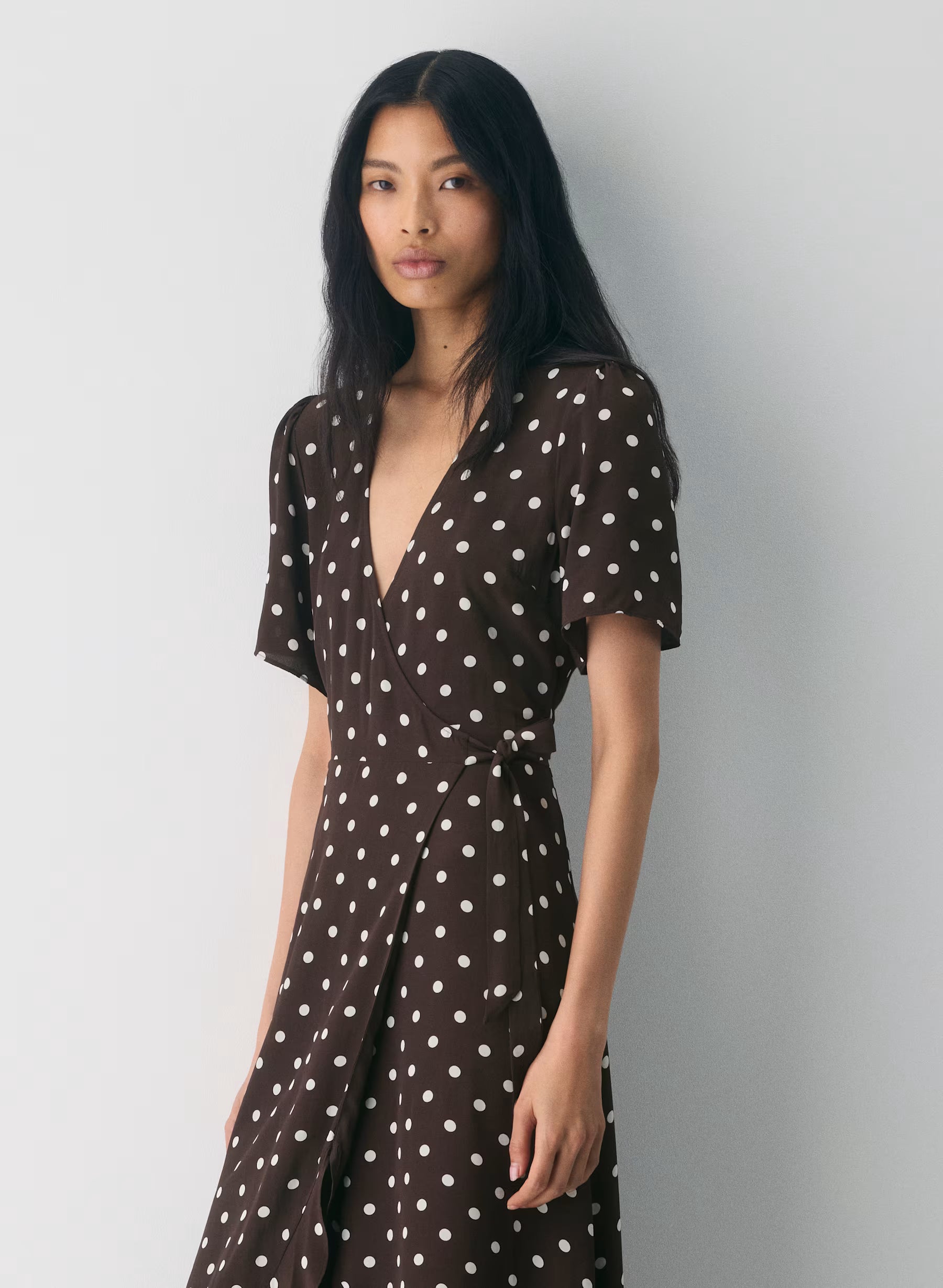 Crepe midi wrap dress with polka-dot pattern