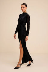 Neilina Black Velvet Jacquard Mock Neck Maxi Dress