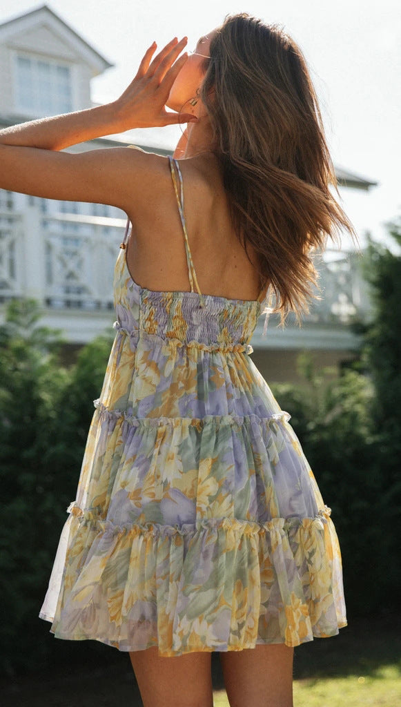 Summer Spaghetti Floral Boho Tiered Mini Dress