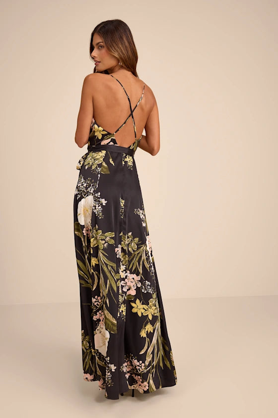 Still the One Black Floral Print Satin Maxi Dress