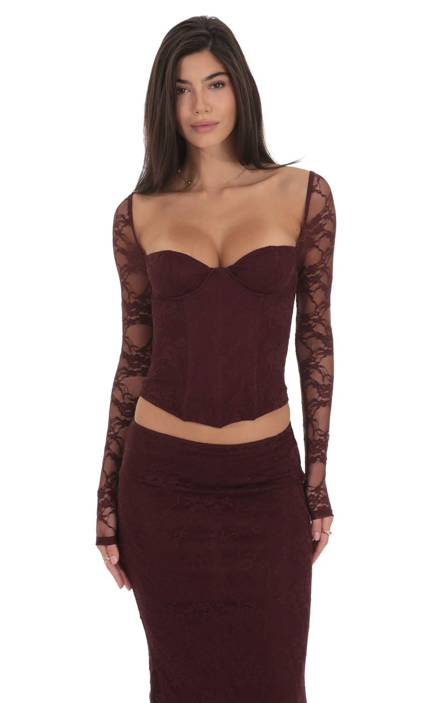 Longe Sleeve Lace Corset Top in Deep Wine