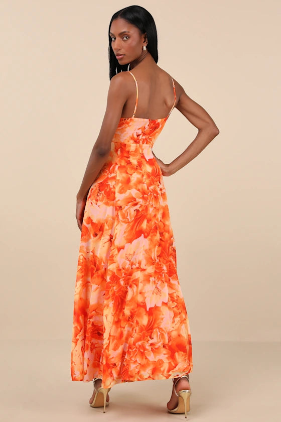 Beautiful Soul Orange Floral Print Twist-Front Maxi Dress