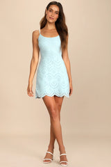 Modern Romantic Light Blue Eyelet Lace Mini Dress