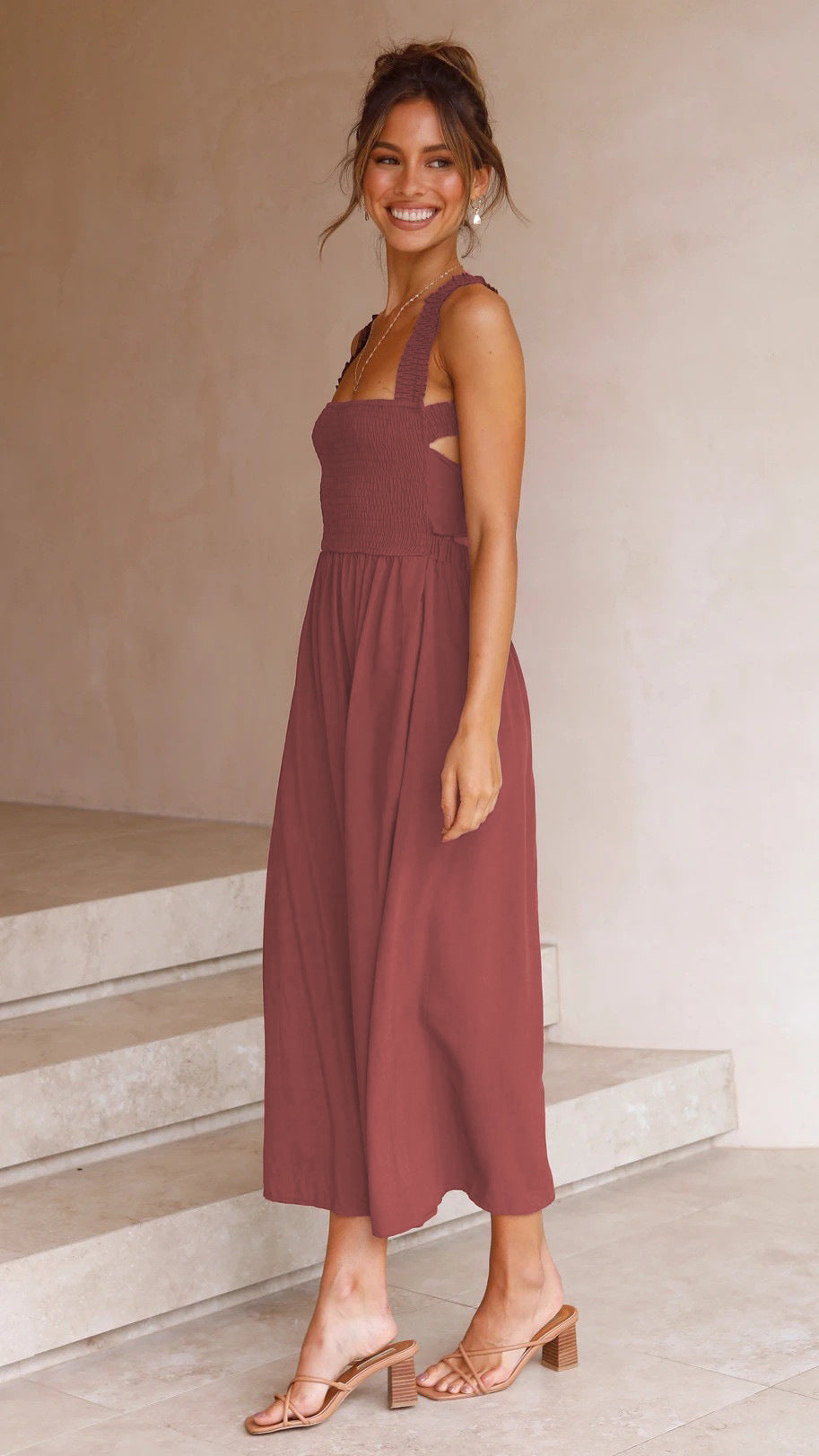 Casual Red Cotton A-Line Midi Dress