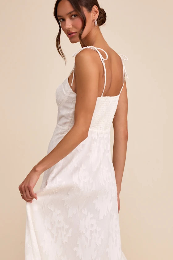 Loveliest Looks White Floral Jacquard Tie-Strap Midi Dress