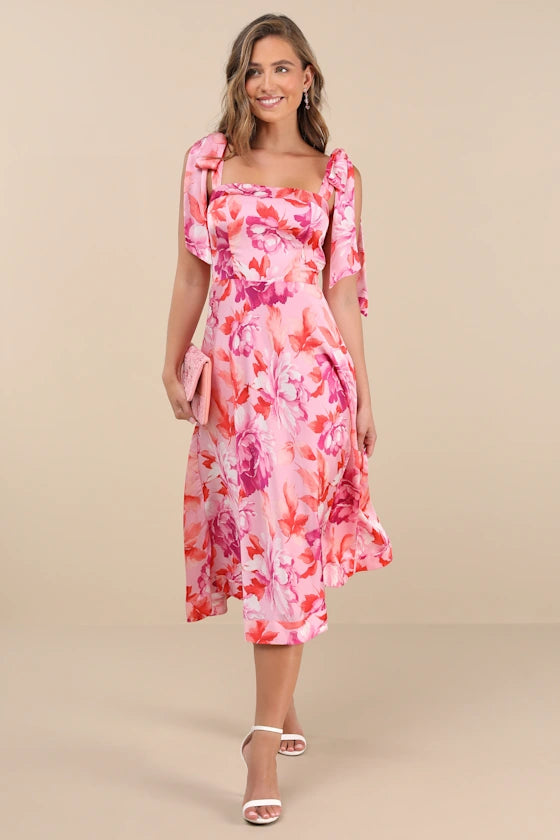 Fleurette Pink Floral Tie-Strap Midi Dress