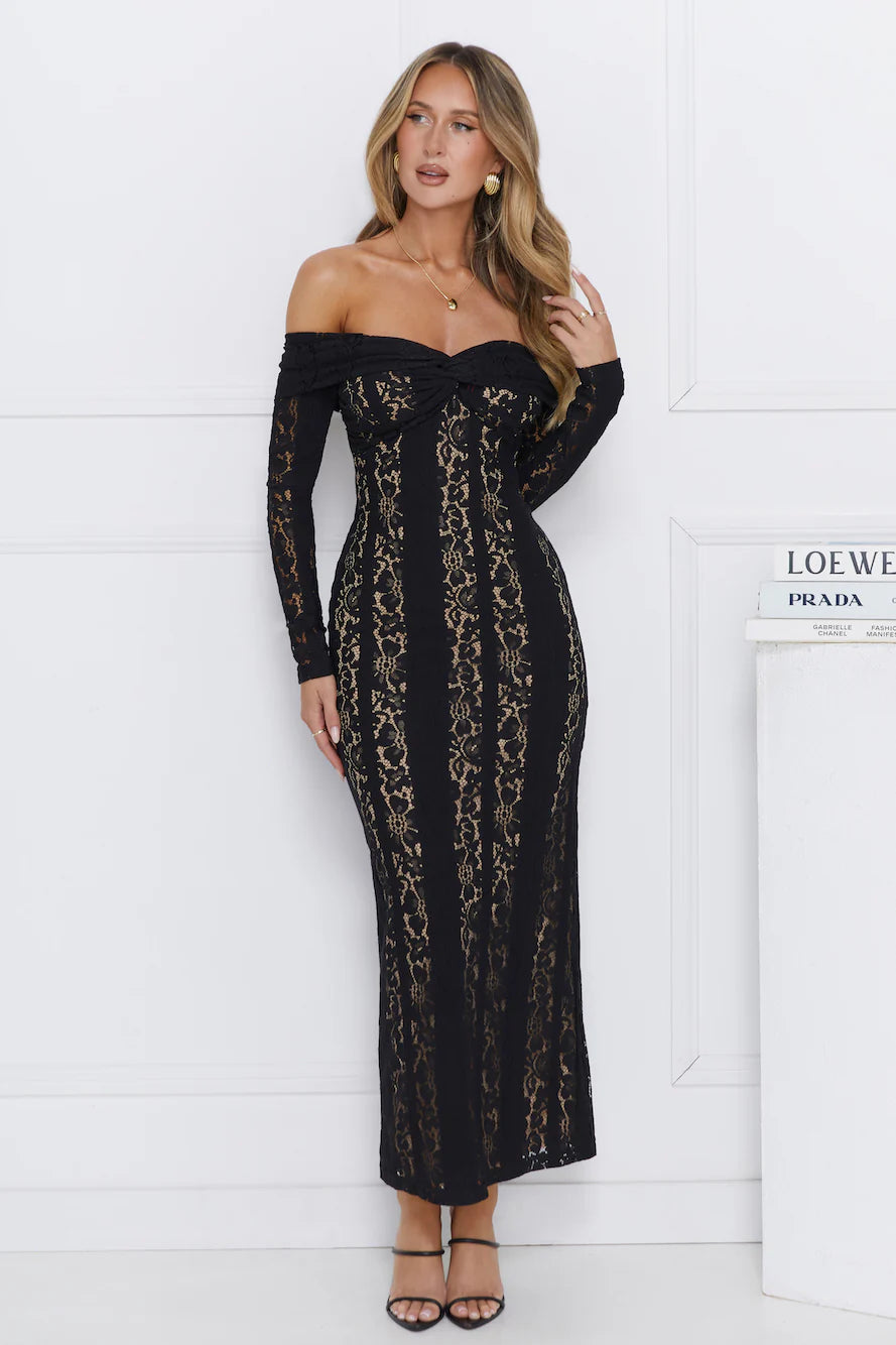 Pure Happiness Off Shoulder Lace Maxi Dress Black