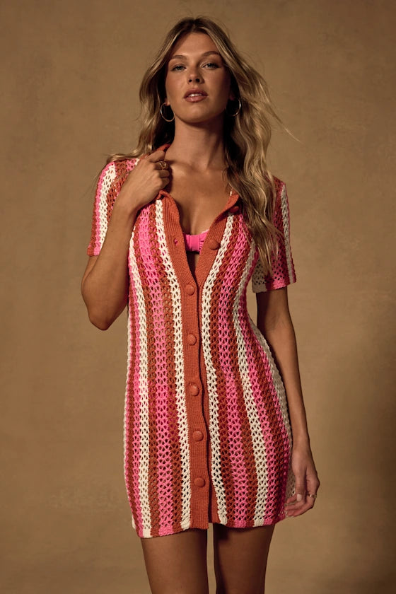 Skylar Pink Multi Striped Crochet Swim Cover-Up