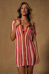 Skylar Pink Multi Striped Crochet Swim Cover-Up