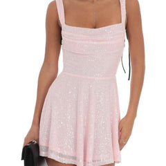 Sequin Black Ribbon A-line Dress in Pink