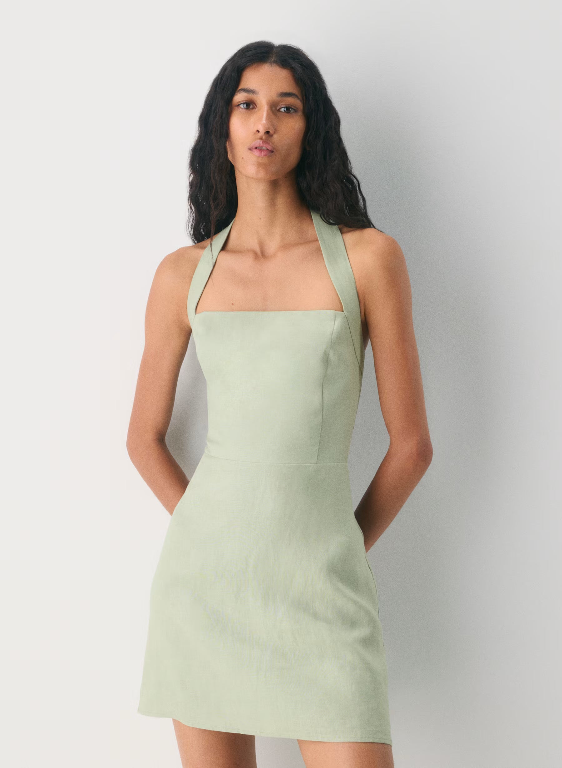 Organic linen halter mini dress-silver sage green