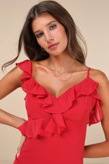 Captivating Always Red Ruffled Asymmetrical Mini Dress