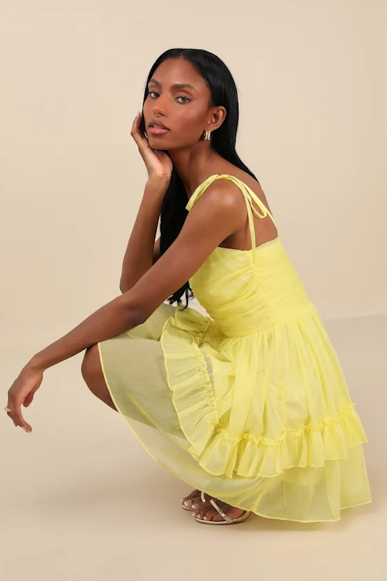 Angelic Approach Yellow Chiffon Ruffled Tie-Strap Mini Dress
