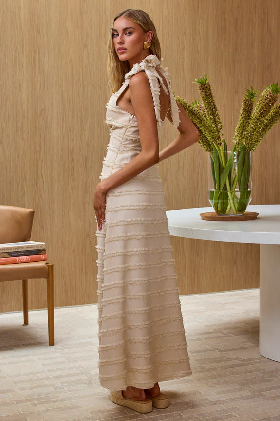 Textured V-Neck Tie Shoulder Dress
