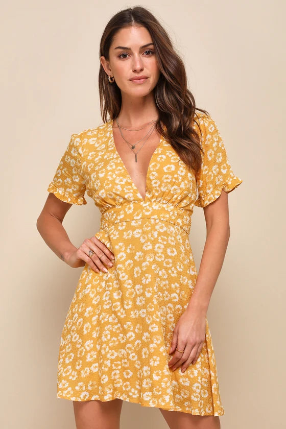Garden Explorer Mustard Yellow Floral Print Mini Dress