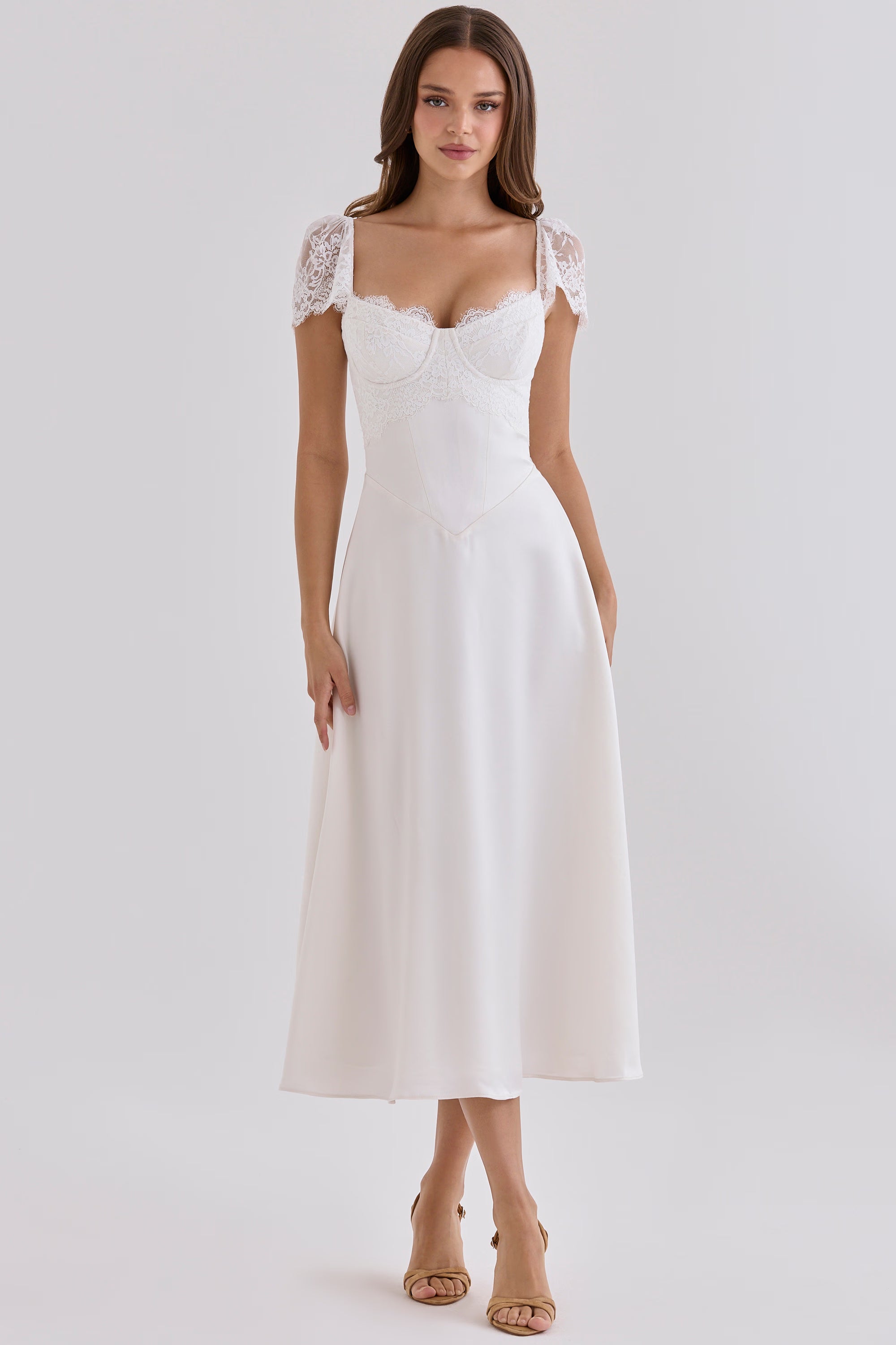 white satin + lace midi dress