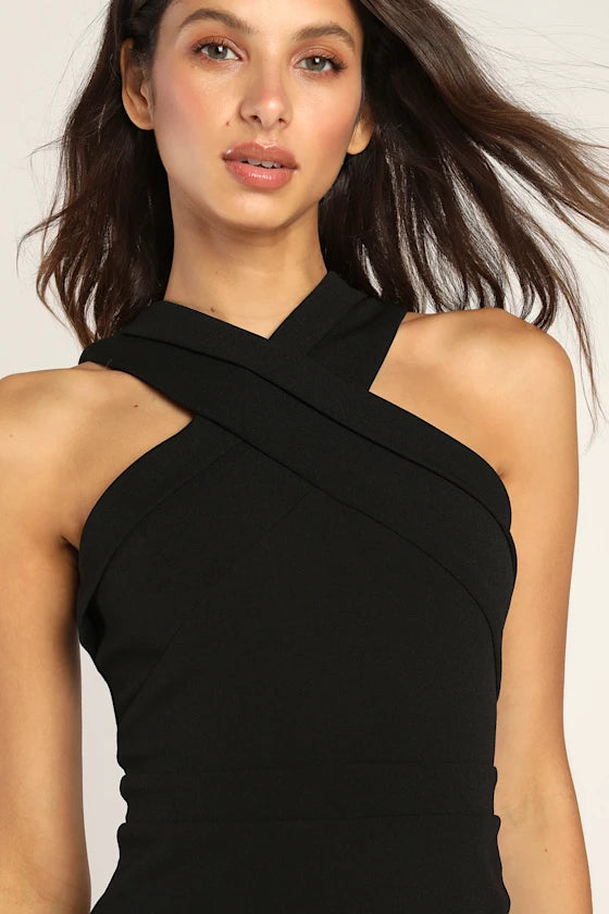 Headed to Cocktail Hour Black Halter Tulip Mini Dress