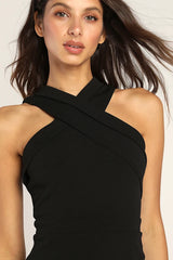 Headed to Cocktail Hour Black Halter Tulip Mini Dress