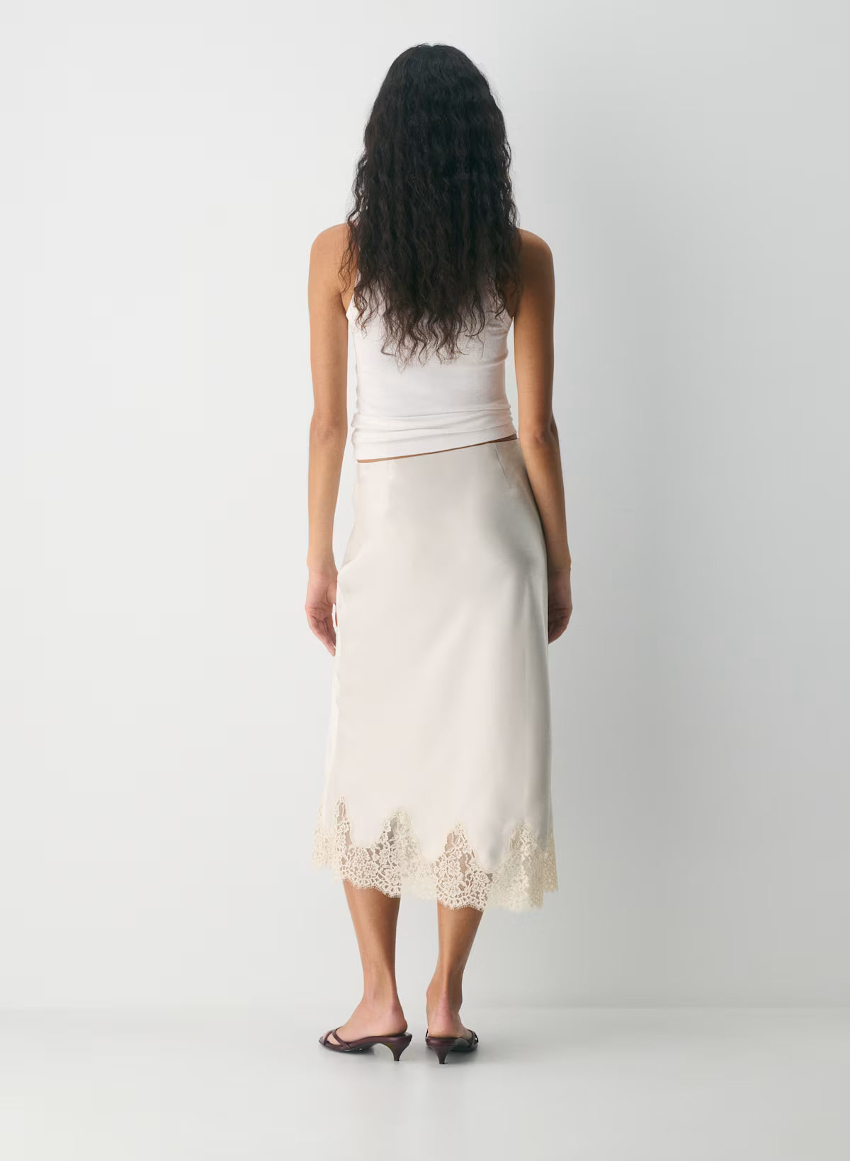 Double satin midi slip skirt with lace trim