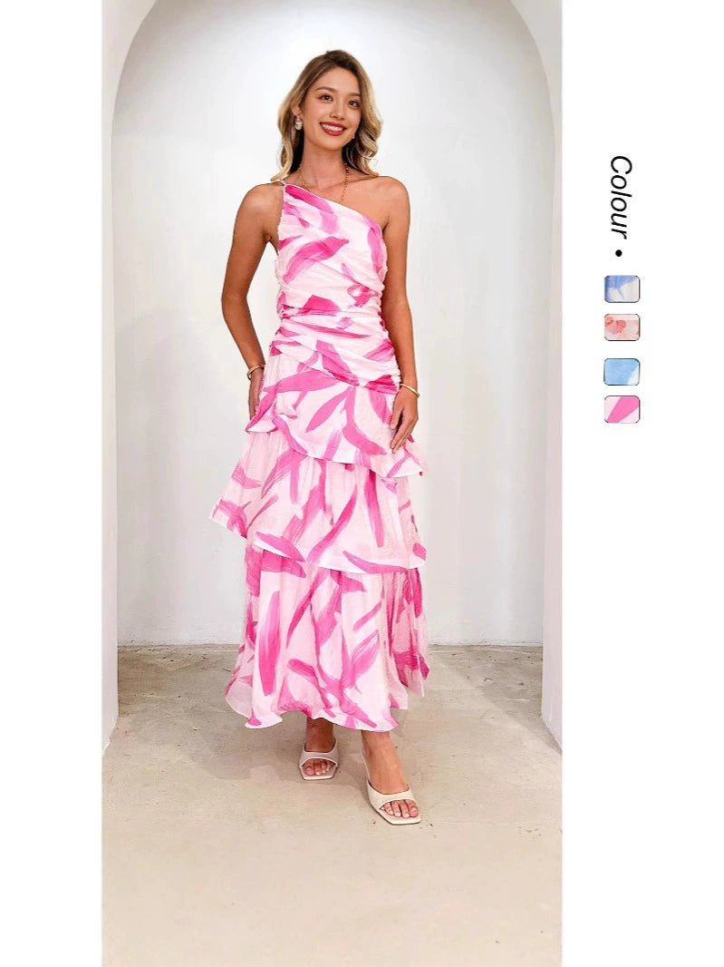Floral One-Shoulder Maxi Dress – Women's Vacation Dress
