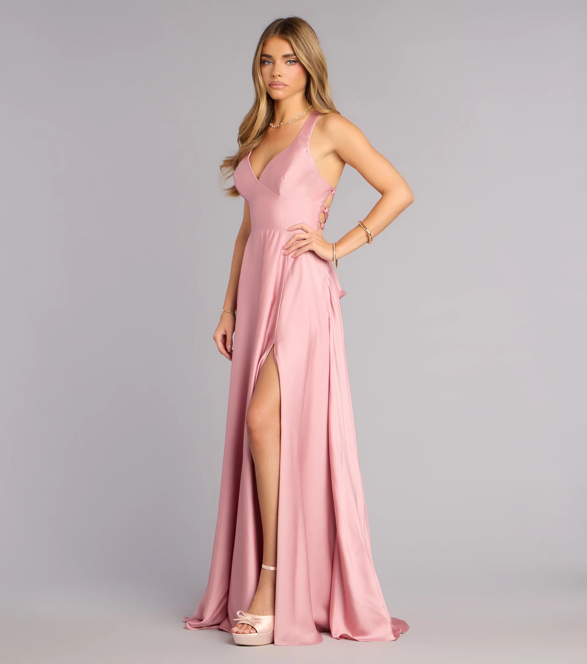 Abbey Lace-Up Slit A-Line Satin Formal Dress