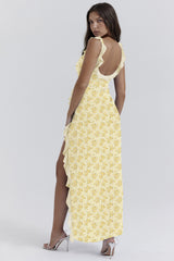 cherry ruffle maxi dress-yellow flower