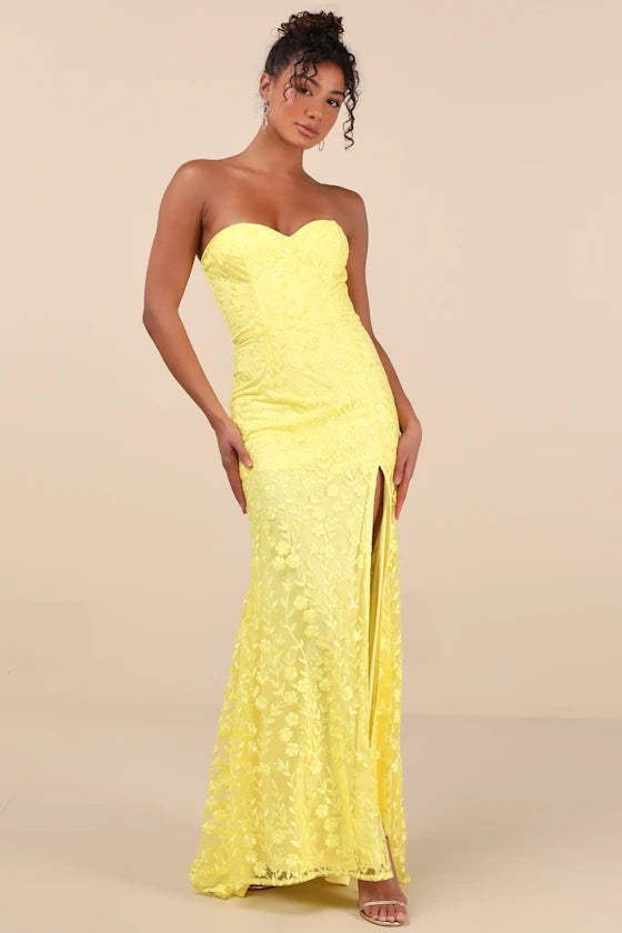 Romantic Beauty Yellow Floral Embroidered Strapless Maxi Dress