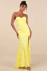Romantic Beauty Yellow Floral Embroidered Strapless Maxi Dress