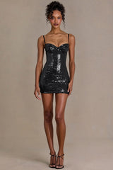 Sequin Lace Corset Mini Dress in Black
