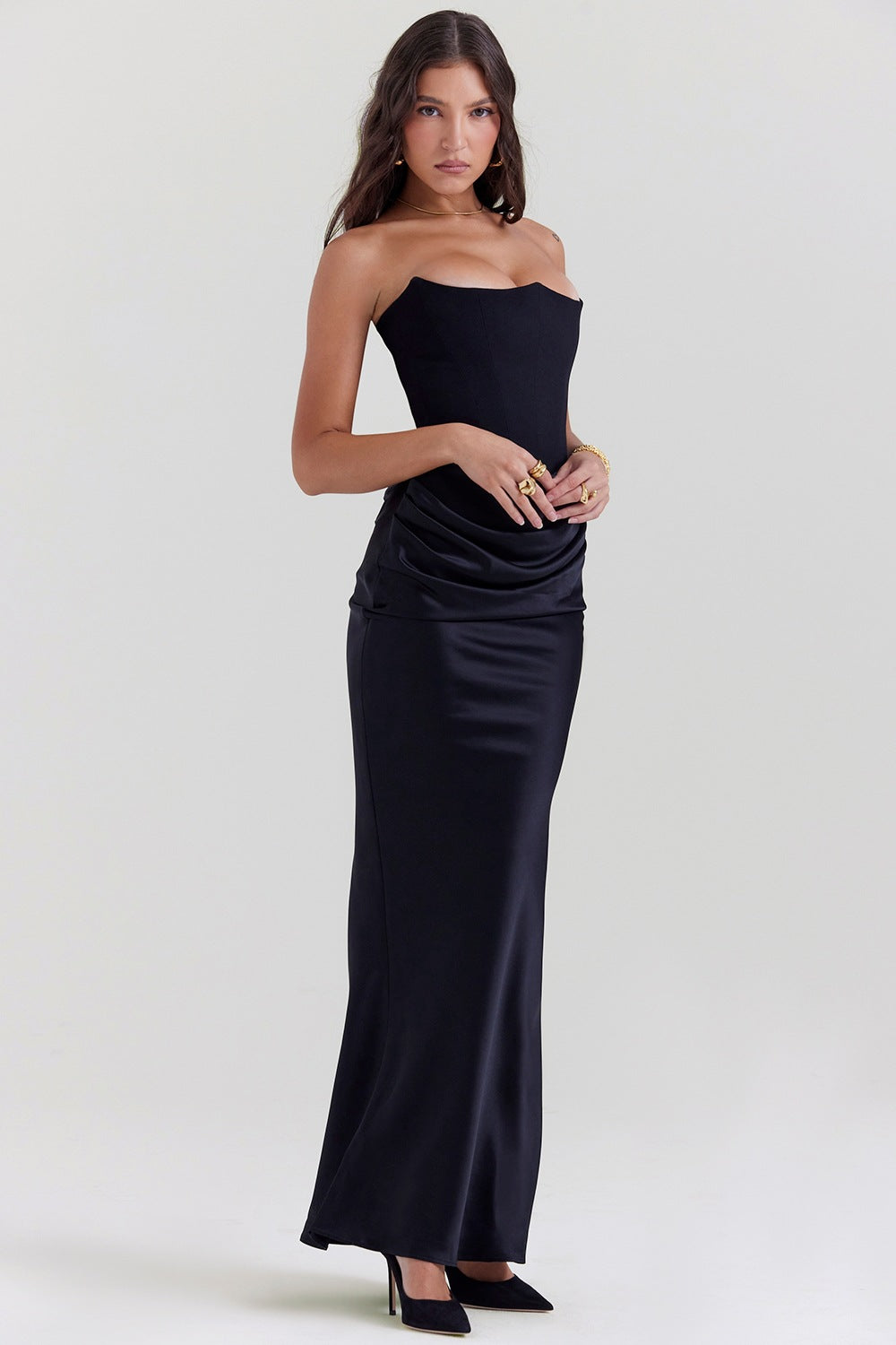 Black satin strapless gown