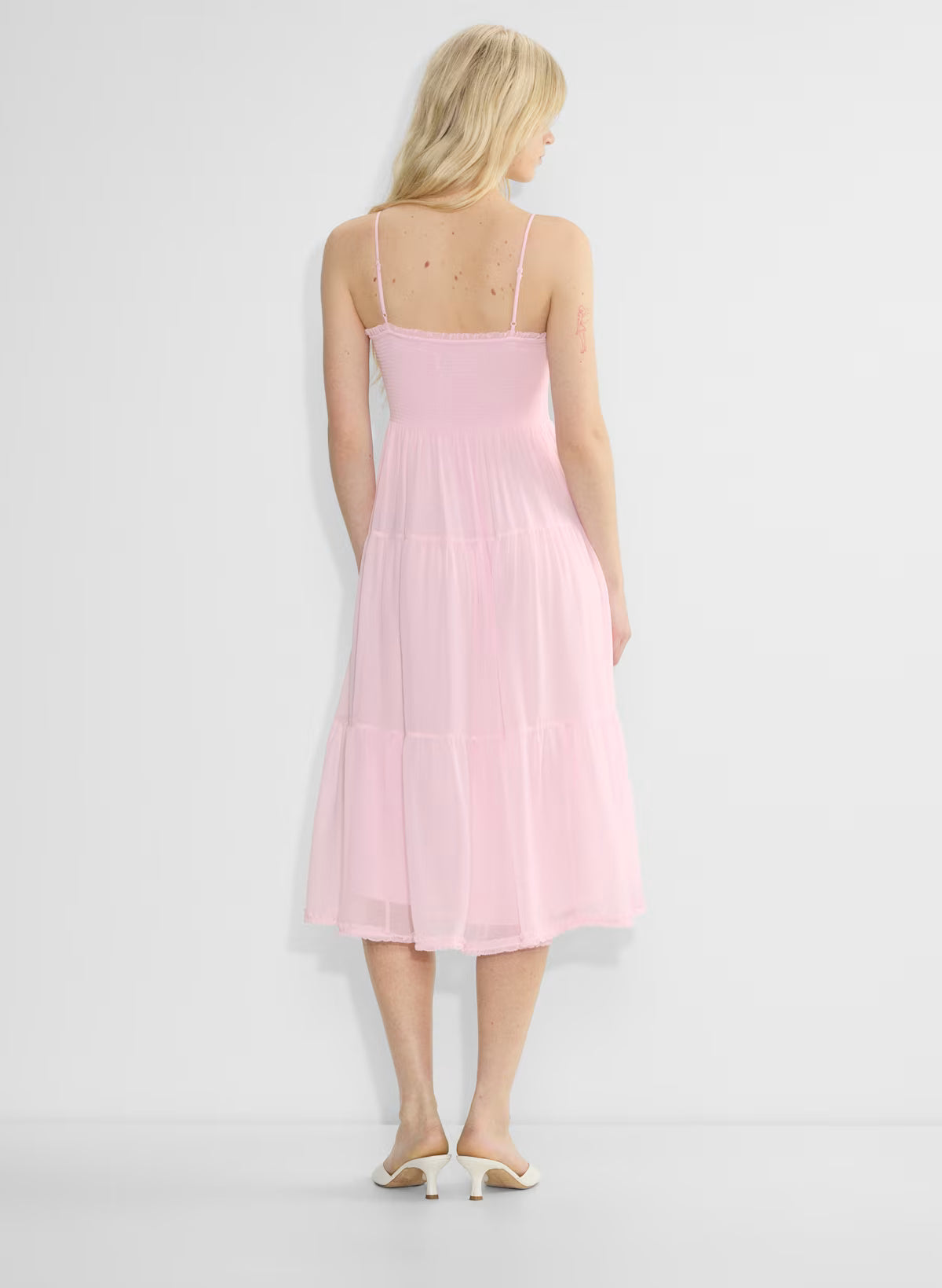 Chiffon tiered V-neck midi dress— villa pink