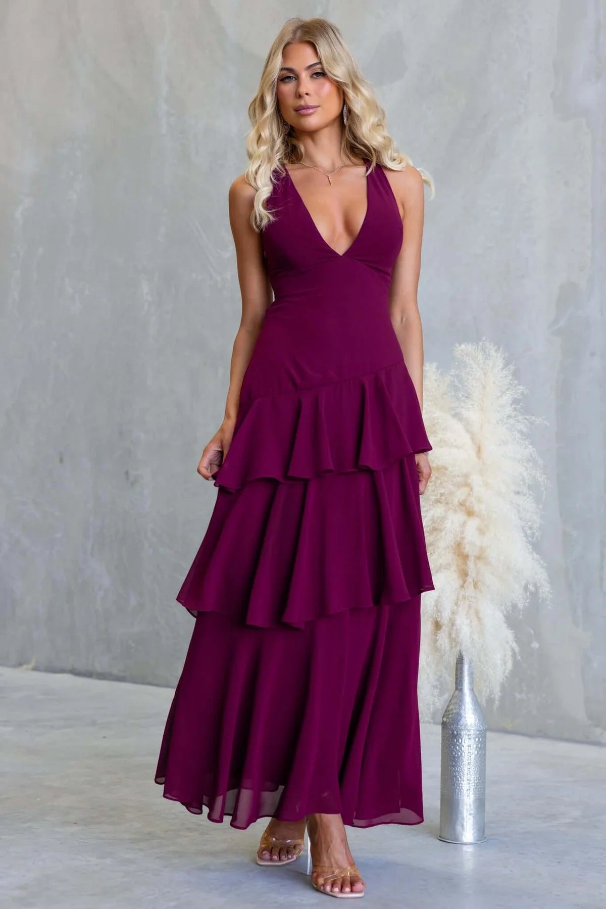 Sleeveless Ruffled Layered Backless Maxi Dress