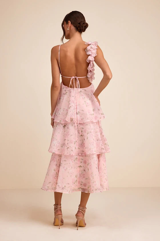 Daleyza Light Pink Floral Organza Tiered Midi Dress
