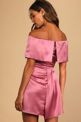 Always Celebrating Mauve Satin Off-the-Shoulder Mini Dress