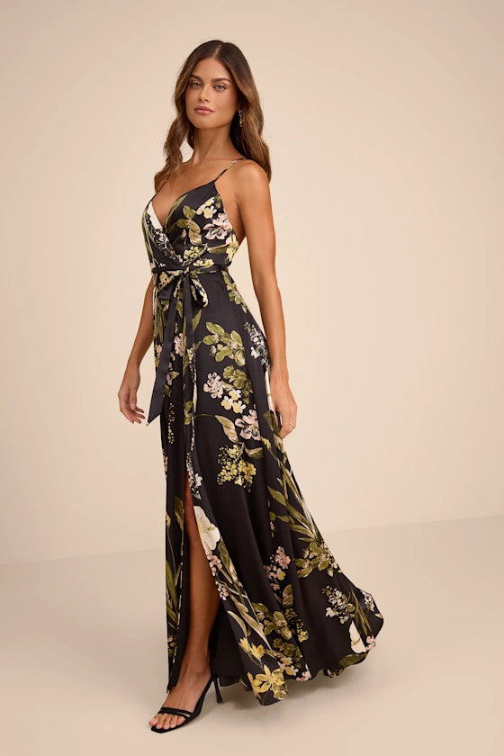 Still the One Black Floral Print Satin Maxi Dress
