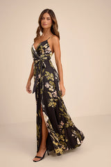 Still the One Black Floral Print Satin Maxi Dress