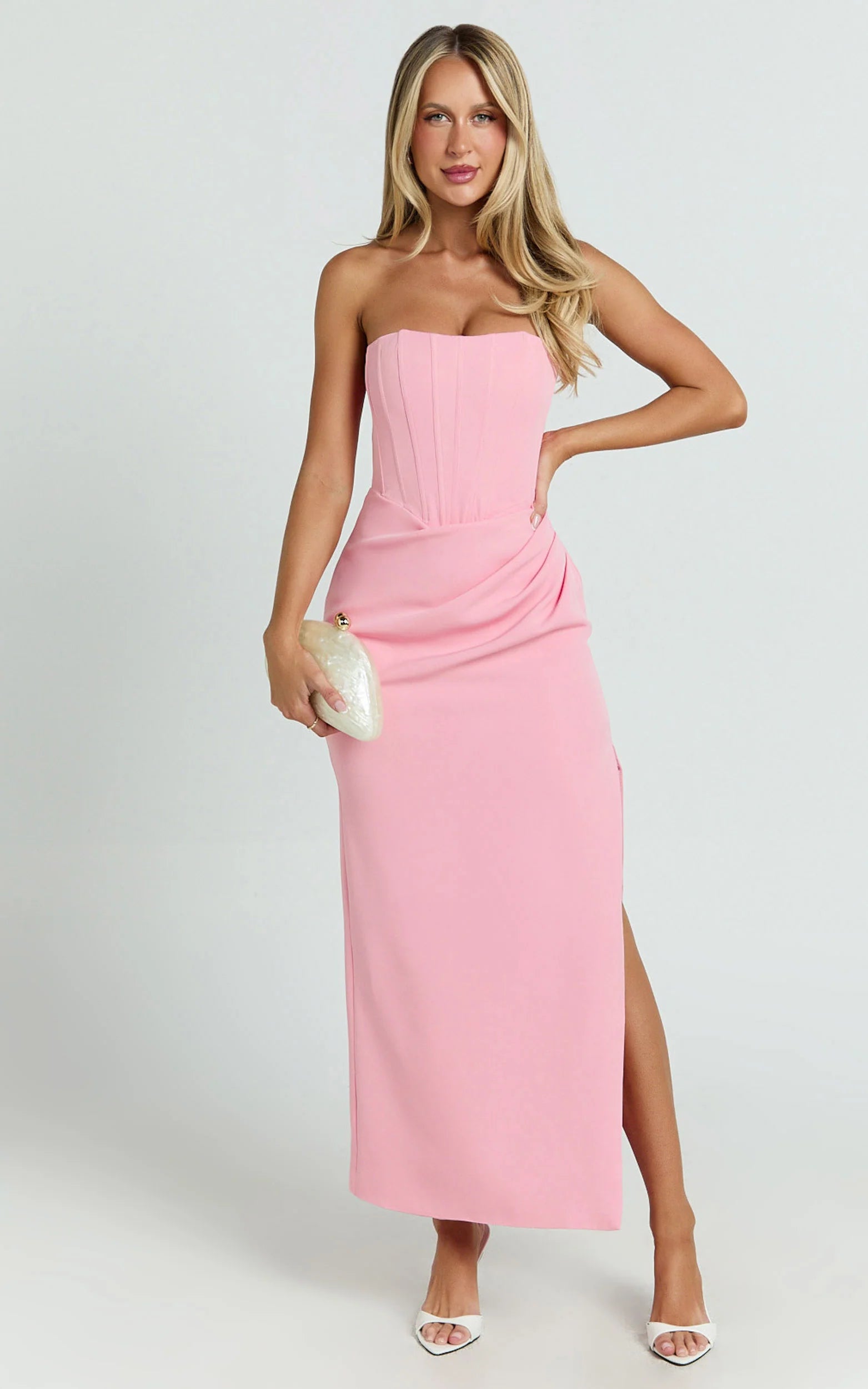 Strapless Draped Side Split Dress in Pink