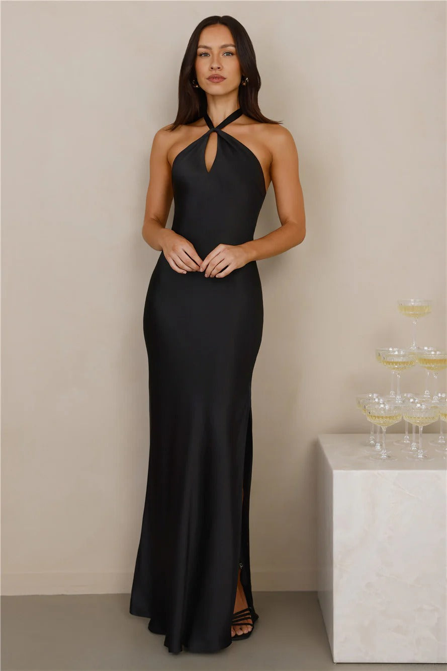 The Delilah Satin Halter Maxi Dress Black