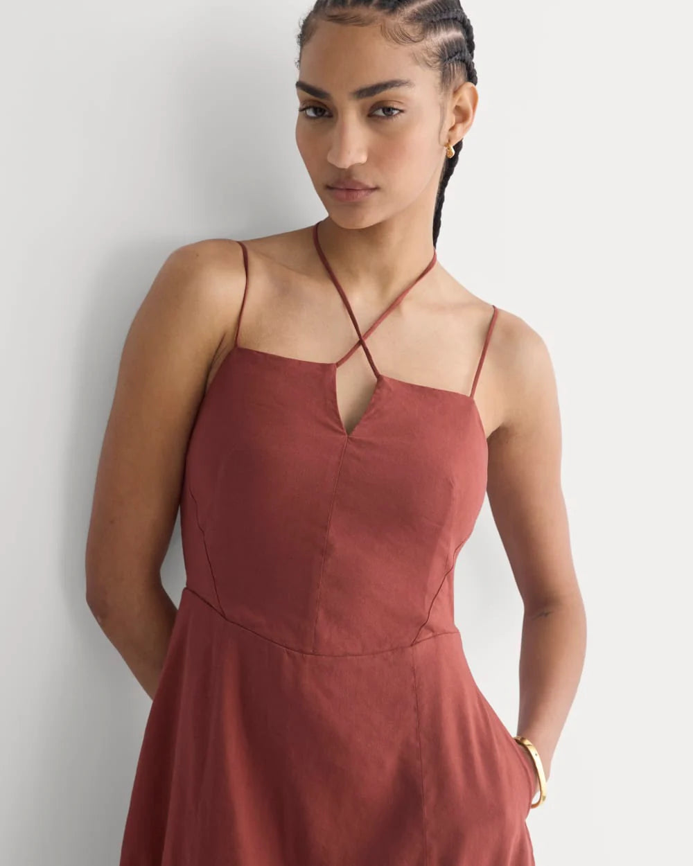 Tie-Neck Dress in Stretch Linen | Henna Red