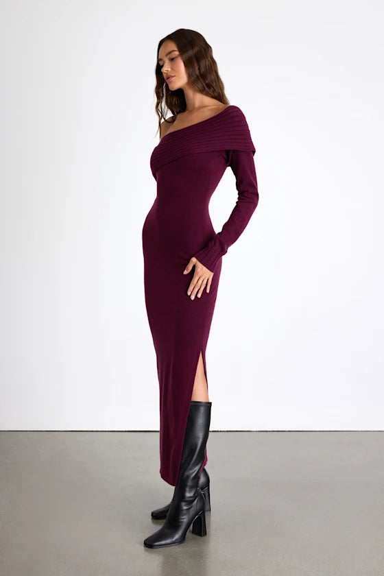 Ellie Dark Plum Sweater Bodycon Maxi Dress