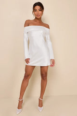 Luxurious Vision White Satin Off-the-Shoulder Mini Dress