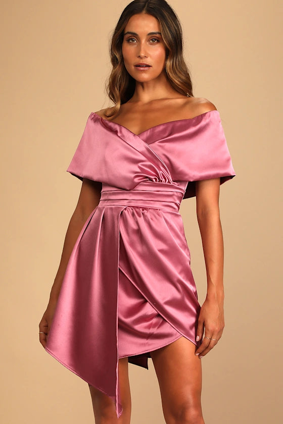 Always Celebrating Mauve Satin Off-the-Shoulder Mini Dress