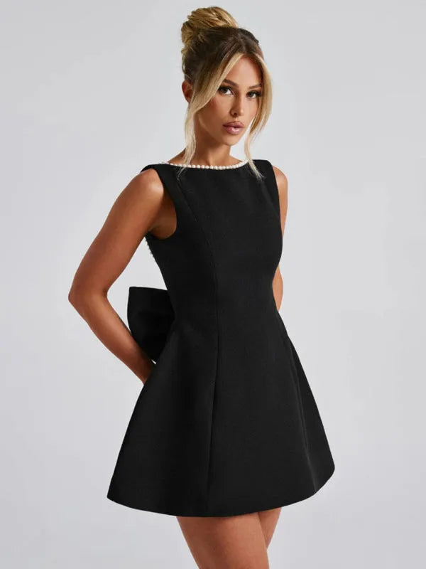 Pearl Bow Slim Backless A-Line Short Dress
