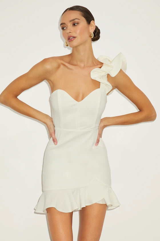 Captivate Me White One-Shoulder Ruffled Trumpet Mini Dress
